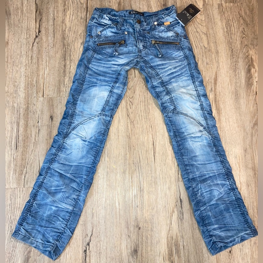 NWT Kosmo Lupo Distressed Worn Ruched Light Blue Low Rise Denim Jeans Sz 29